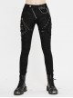 Punk Style Elastic Printed Woven Front Center Asymmetric Hole Metal Eyelets Cross Lace Up Black Slim Pants