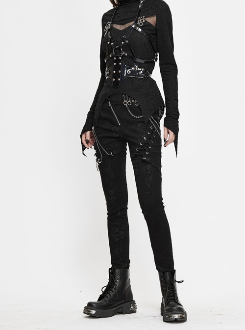 Punk Style Elastic Printed Woven Front Center Asymmetric Hole Metal Eyelets Cross Lace Up Black Slim Pants