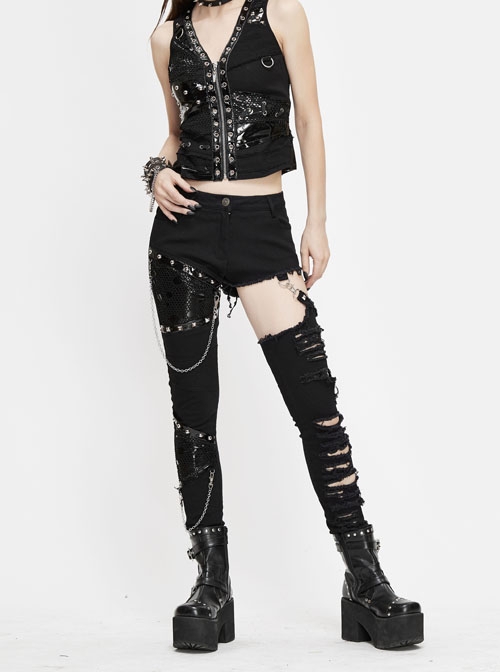 Punk Style Handsome Ripped Fabric Splicing Shiny Mesh With Detachable Metal Chain Decoration Black Asymmetric Slim Pants