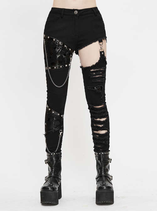 Punk Style Handsome Ripped Fabric Splicing Shiny Mesh With Detachable Metal Chain Decoration Black Asymmetric Slim Pants