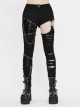 Punk Style Handsome Ripped Fabric Splicing Shiny Mesh With Detachable Metal Chain Decoration Black Asymmetric Slim Pants