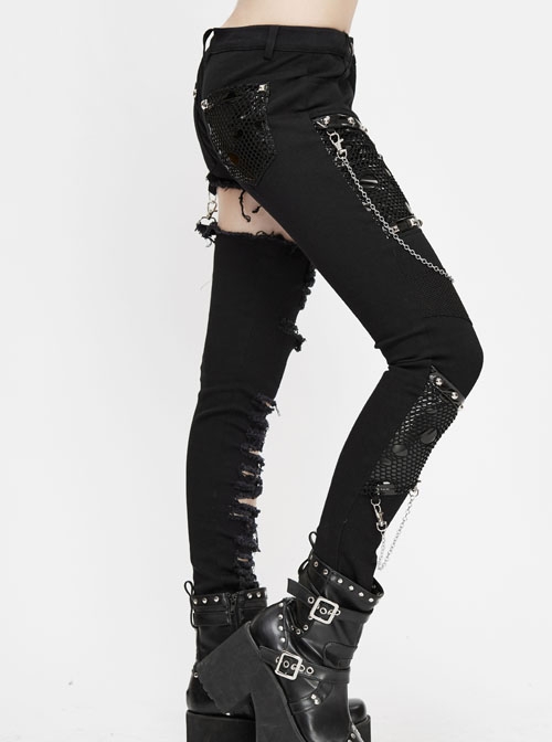 Punk Style Handsome Ripped Fabric Splicing Shiny Mesh With Detachable Metal Chain Decoration Black Asymmetric Slim Pants