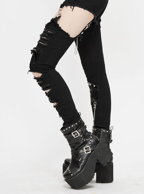 Punk Style Handsome Ripped Fabric Splicing Shiny Mesh With Detachable Metal Chain Decoration Black Asymmetric Slim Pants