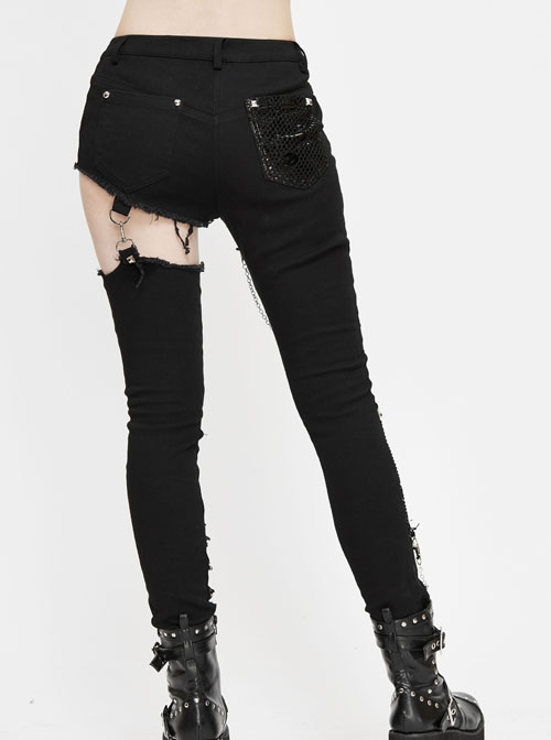 Punk Style Handsome Ripped Fabric Splicing Shiny Mesh With Detachable Metal Chain Decoration Black Asymmetric Slim Pants