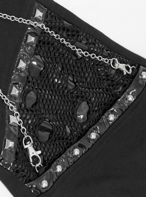 Punk Style Handsome Ripped Fabric Splicing Shiny Mesh With Detachable Metal Chain Decoration Black Asymmetric Slim Pants