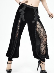 Gothic Style Stretch Velvet Fabric Slit In The Center Front Lace Trim Mesh Patchwork Black Appliqué Pants