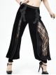 Gothic Style Stretch Velvet Fabric Slit In The Center Front Lace Trim Mesh Patchwork Black Appliqué Pants