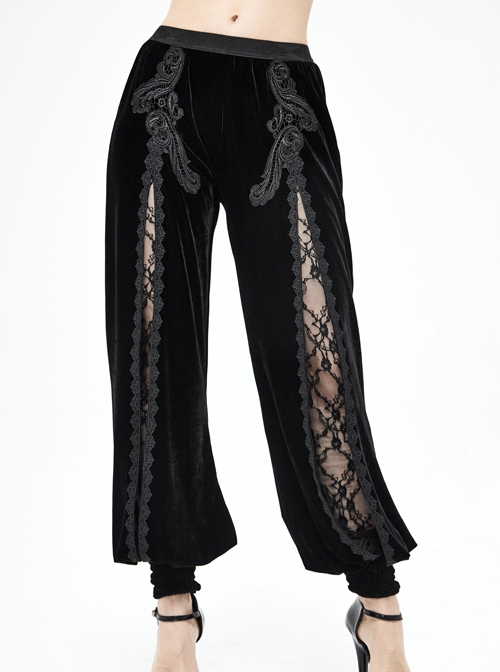 Gothic Style Stretch Velvet Fabric Slit In The Center Front Lace Trim Mesh Patchwork Black Appliqué Pants