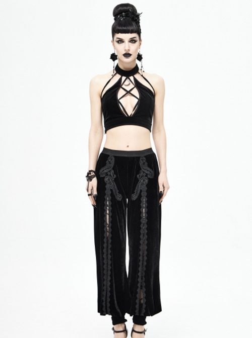 Gothic Style Stretch Velvet Fabric Slit In The Center Front Lace Trim Mesh Patchwork Black Appliqué Pants