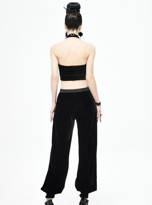 Gothic Style Stretch Velvet Fabric Slit In The Center Front Lace Trim Mesh Patchwork Black Appliqué Pants