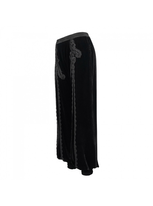 Gothic Style Stretch Velvet Fabric Slit In The Center Front Lace Trim Mesh Patchwork Black Appliqué Pants