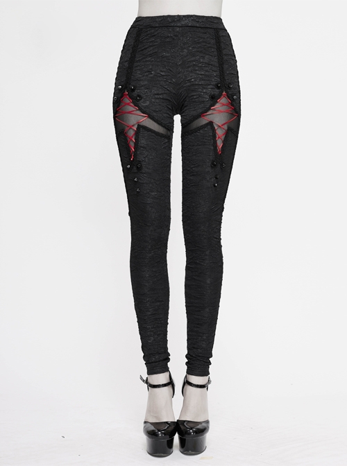 Gothic Style Tight Stretch Knit Fabric Front Center Cross Straps Decorated With Black Rivet Pattern Pants