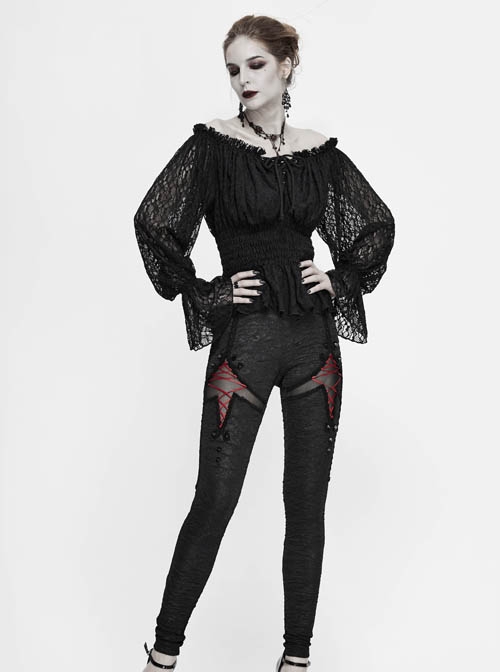 Gothic Style Tight Stretch Knit Fabric Front Center Cross Straps Decorated With Black Rivet Pattern Pants