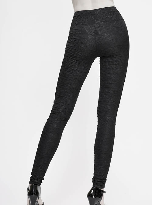 Gothic Style Tight Stretch Knit Fabric Front Center Cross Straps Decorated With Black Rivet Pattern Pants