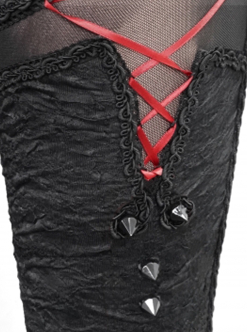 Gothic Style Tight Stretch Knit Fabric Front Center Cross Straps Decorated With Black Rivet Pattern Pants