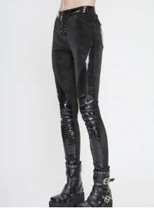 Punk Style Shiny Patent Leather Splicing Elastic Irregular Dark Pattern Knitted Fabric Front Zipper Rivet Decoration Black Bottoming Leather Pants