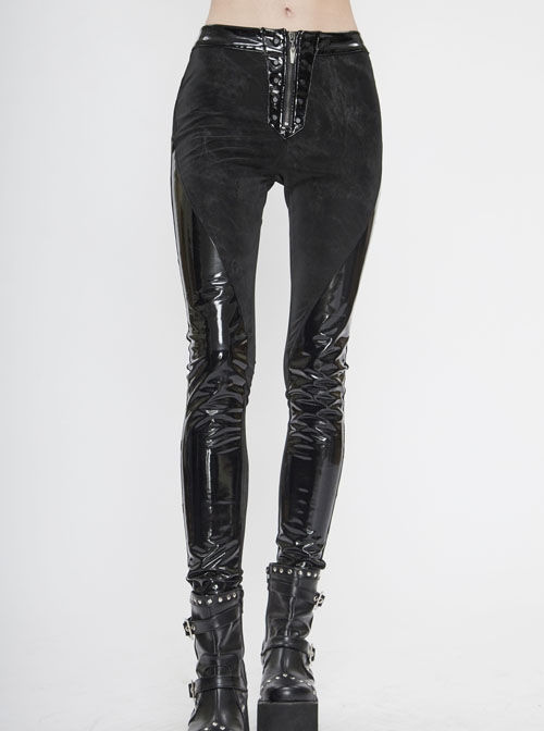 Punk Style Shiny Patent Leather Splicing Elastic Irregular Dark Pattern Knitted Fabric Front Zipper Rivet Decoration Black Bottoming Leather Pants