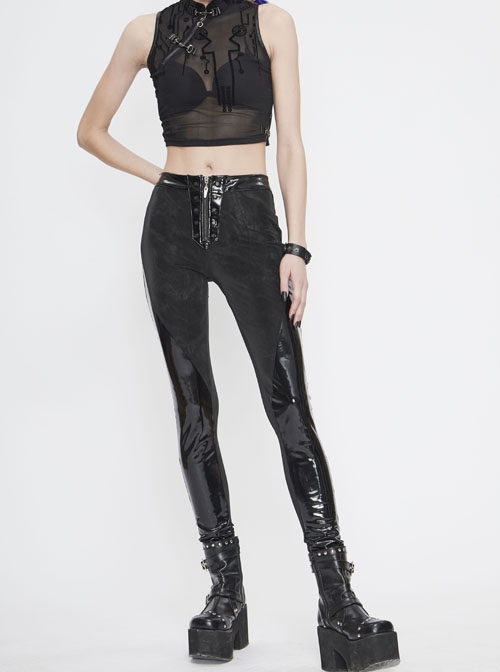 Punk Style Shiny Patent Leather Splicing Elastic Irregular Dark Pattern Knitted Fabric Front Zipper Rivet Decoration Black Bottoming Leather Pants