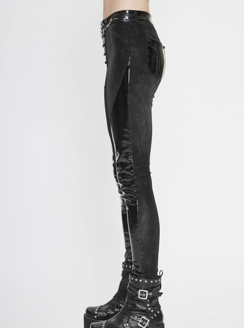 Punk Style Shiny Patent Leather Splicing Elastic Irregular Dark Pattern Knitted Fabric Front Zipper Rivet Decoration Black Bottoming Leather Pants