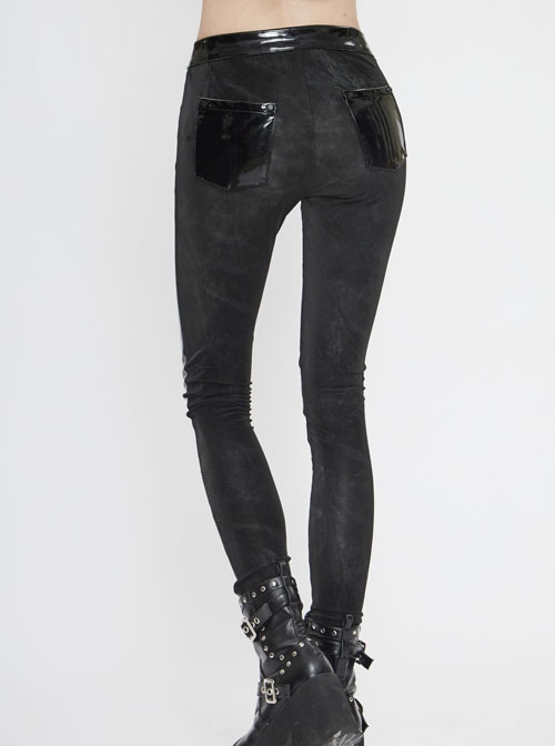 Punk Style Shiny Patent Leather Splicing Elastic Irregular Dark Pattern Knitted Fabric Front Zipper Rivet Decoration Black Bottoming Leather Pants