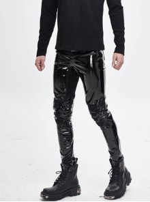 Punk Style Shiny Patent Leather Front Center Rivet Knee Pads With Mesh Layered Black Tight Leather Pants