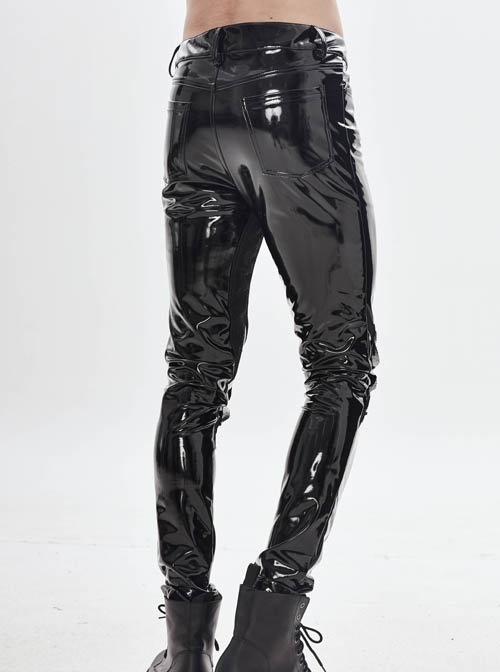 Punk Style Shiny Patent Leather Front Center Rivet Knee Pads With Mesh Layered Black Tight Leather Pants