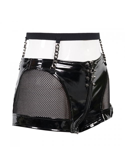 Punk Style Elastic Patent Leather Fabric Splicing Hollow Mesh Crotch Bottom Zipper Open Black Sexy Shorts