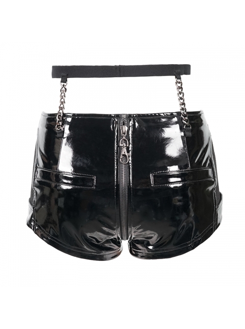 Punk Style Elastic Patent Leather Fabric Splicing Hollow Mesh Crotch Bottom Zipper Open Black Sexy Shorts