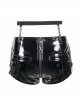 Punk Style Elastic Patent Leather Fabric Splicing Hollow Mesh Crotch Bottom Zipper Open Black Sexy Shorts