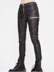 Punk Style Block Fabric Patchwork With Cross Rivet Zipper Decoration Gray Hand Rubbed Leather Pants