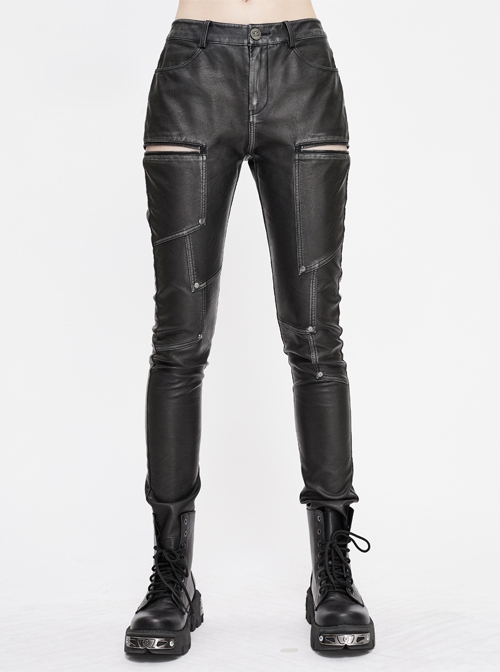 Punk Style Block Fabric Patchwork With Cross Rivet Zipper Decoration Gray Hand Rubbed Leather Pants