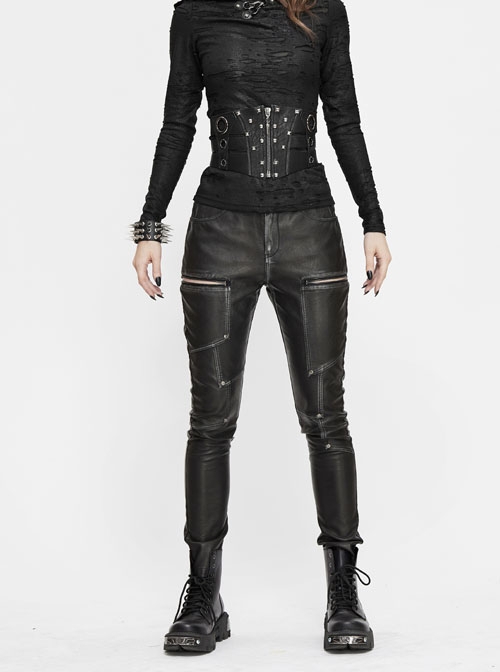 Punk Style Block Fabric Patchwork With Cross Rivet Zipper Decoration Gray Hand Rubbed Leather Pants