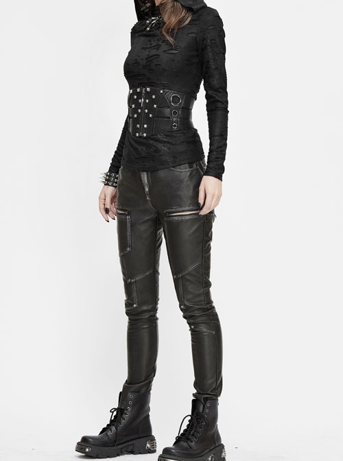 Punk Style Block Fabric Patchwork With Cross Rivet Zipper Decoration Gray Hand Rubbed Leather Pants