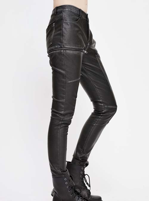 Punk Style Block Fabric Patchwork With Cross Rivet Zipper Decoration Gray Hand Rubbed Leather Pants