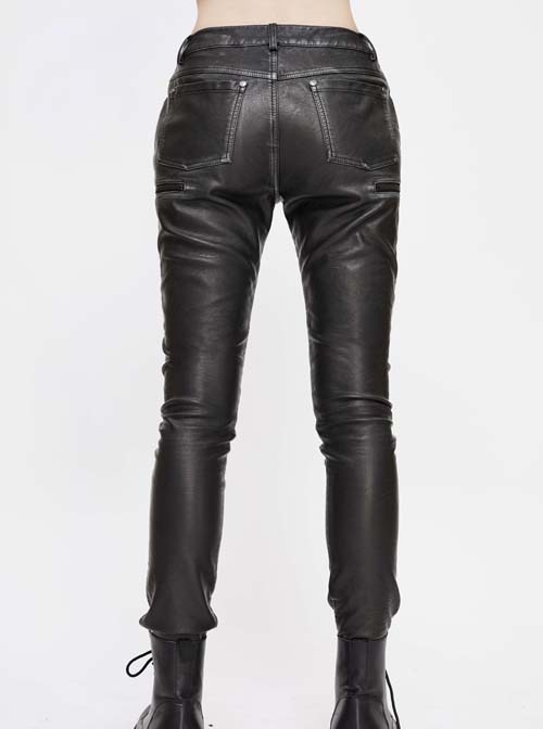 Punk Style Block Fabric Patchwork With Cross Rivet Zipper Decoration Gray Hand Rubbed Leather Pants