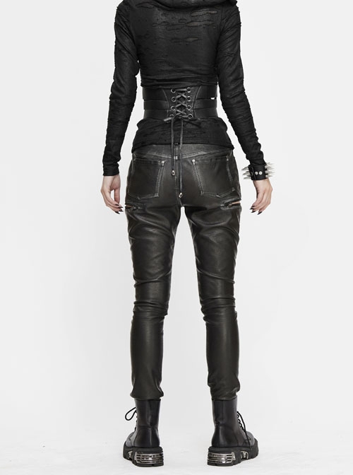 Punk Style Block Fabric Patchwork With Cross Rivet Zipper Decoration Gray Hand Rubbed Leather Pants