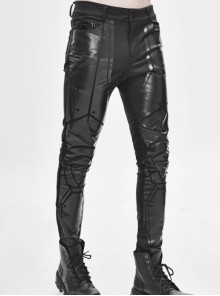 Punk Style Personalized Bright Leather Mecha Stitching Slim Stretch Fabric Black Printed Pants