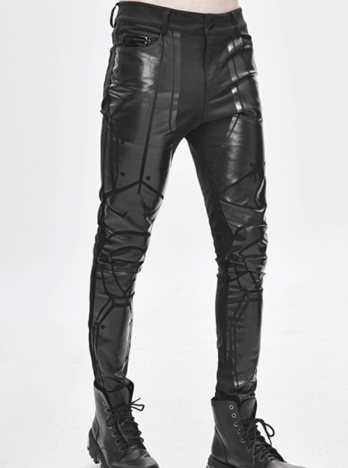 Punk Style Personalized Bright Leather Mecha Stitching Slim Stretch Fabric Black Printed Pants