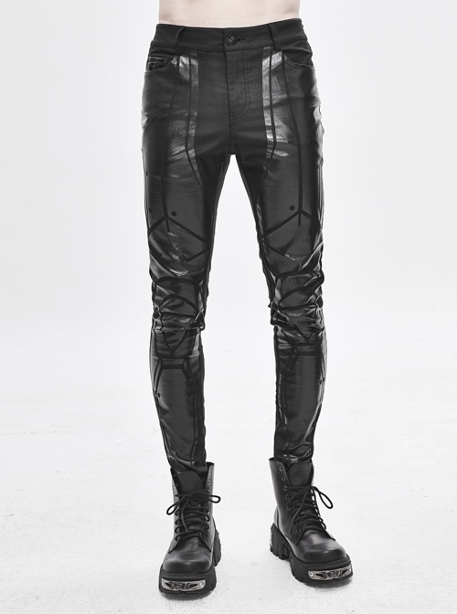 Punk Style Personalized Bright Leather Mecha Stitching Slim Stretch Fabric Black Printed Pants