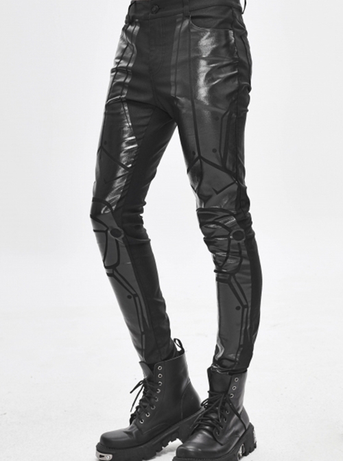 Punk Style Personalized Bright Leather Mecha Stitching Slim Stretch Fabric Black Printed Pants