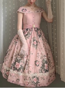 French Rose Series Sexy Big V-Neck Retro Flower Print Elegant Lace Classic Lolita Summer Sleeveless Dress