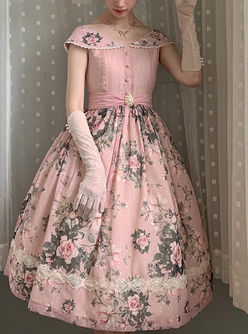 French Rose Series Sexy Big V-Neck Retro Flower Print Elegant Lace Classic Lolita Summer Sleeveless Dress