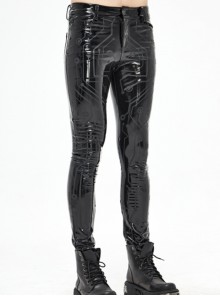 Punk Style Exaggerated Stretch Glazed Leather With Matte Printed Black Leather Pants