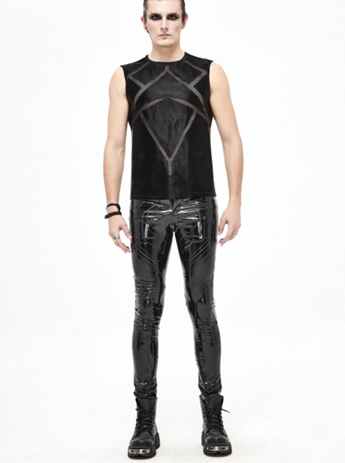 Punk Style Exaggerated Stretch Glazed Leather With Matte Printed Black Leather Pants