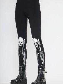 Punk Style Comfortable Stretch Knit Fabric Skull Print On The Front Center Black Skinny Pants