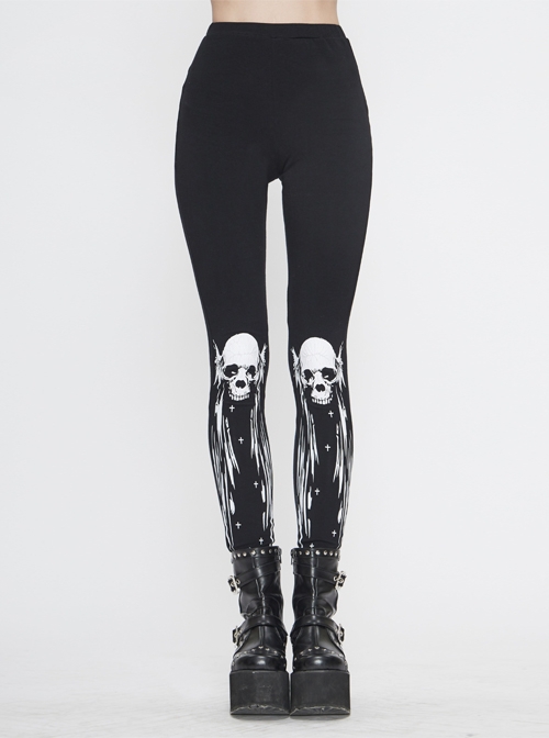 Punk Style Comfortable Stretch Knit Fabric Skull Print On The Front Center Black Skinny Pants