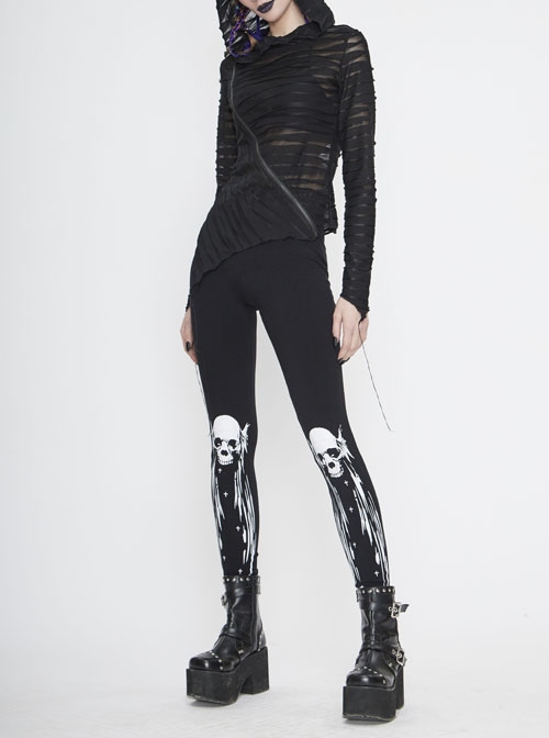 Punk Style Comfortable Stretch Knit Fabric Skull Print On The Front Center Black Skinny Pants