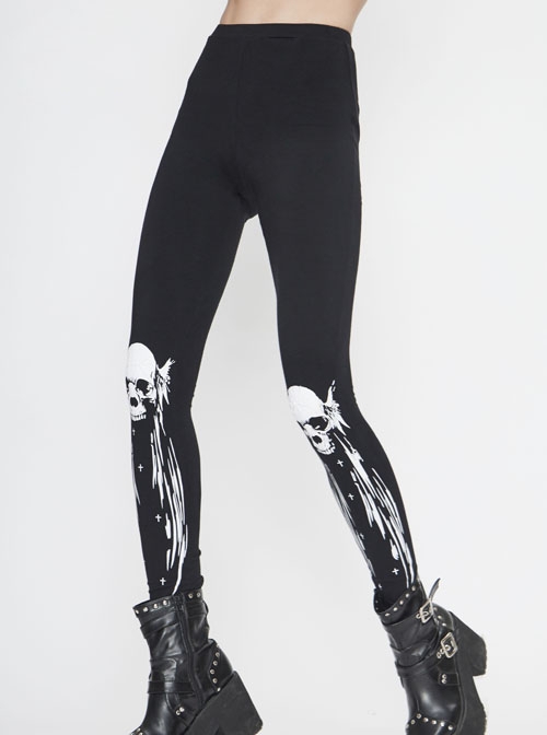 Punk Style Comfortable Stretch Knit Fabric Skull Print On The Front Center Black Skinny Pants