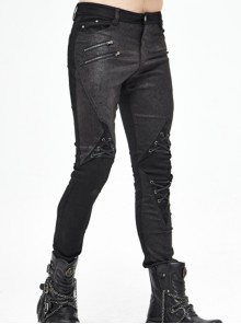 Punk Style Elastic Twill Stitching Contrast Color Rubber Knee Asymmetric Tie Rope Design Black Fake Two Piece Pants