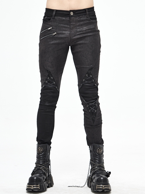 Punk Style Elastic Twill Stitching Contrast Color Rubber Knee Asymmetric Tie Rope Design Black Fake Two Piece Pants